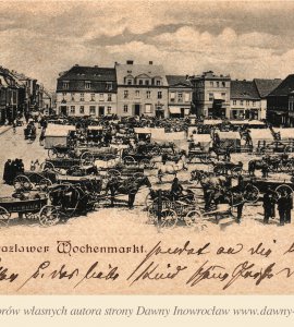 Targ na inowrocławskim Rynku - ok. 1895 rok - Inowrocław. Rynek.
Pocztówka z ok. 1895 roku.
Inowrazlawer. Wochenmarkt.
Verlag von A. Freudenthal, Inowrazlaw.