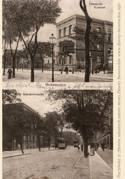 Dwa widoki na ulicę Dworcową - 2 stycznia 1915 roku - Dwa widoki na ulicę Dworcową (Bahnhofstrasse)
Verlag: Hch. Joneleit, Hohensalza, Bahnhofstrasse 27 b.
Pocztówka prawdopodobnie wysłana 2 stycznia 1915 roku.